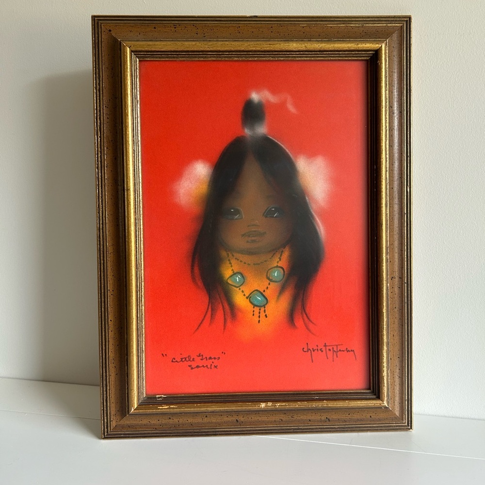 Gerda Christofferson Indigenous Girl Original Signed Art, Wood Frame 1950s